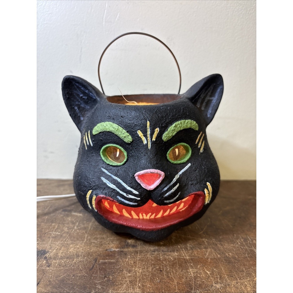 Vintage Halloween Black Cat Bucket Light Lamp Paper Mache Style